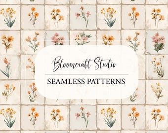 Vintage Floral Tile Seamless Pattern Cottagecore Botanical Squares Pastel Rustic Texture Shabby Chic Flowers Background Design
