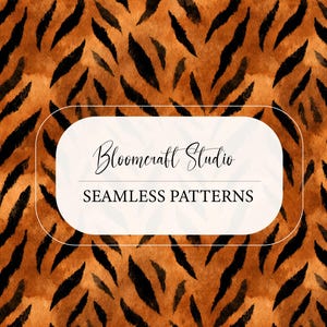 May include: Watercolor seamless pattern with a tiger stripe design in shades of brown and black. The image includes the text "Bloomcraft Studio" and "Seamless Patterns" in a white rounded rectangle.