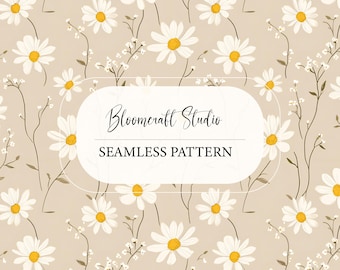 Seamless Daisy Pattern Beige | Neutral Floral Digital Paper | Cottagecore Botanical Background | Repeating Flower Design