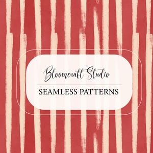 May include: Seamless pattern design featuring vertical brushstrokes in red and cream. The image includes the text "Bloomcraft Studio" and "Seamless Patterns" in a white oval frame, suitable for various design applications.