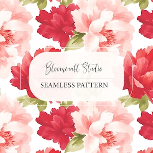 May include: A seamless pattern featuring watercolor peonies in shades of red and pink, with green leaves on a white background. The text "Bloomcraft Studio" and "SEAMLESS PATTERN" are displayed on a white rounded rectangle.