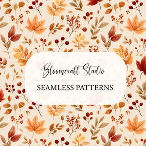 May include: A seamless pattern design featuring autumn leaves and berries in shades of orange, red, and brown on a cream background. The design includes maple leaves, berries, and other foliage. The text "Bloomcraft Studio" and "SEAMLESS PATTERNS" are displayed on a white rounded rectangle.