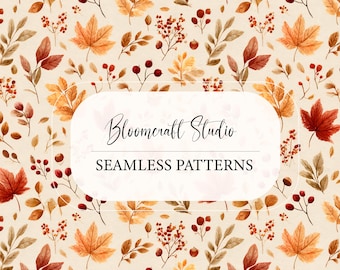 Autumn Leaves Seamless Pattern Watercolor Fall Foliage Digital Paper Maple Leaves Berries Rustic Botanical Fabric Wallpaper Design