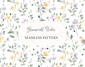 Watercolor Wildflowers & Birds Seamless Pattern, Soft Botanical Floral Digital Paper, Nature Garden Design on White