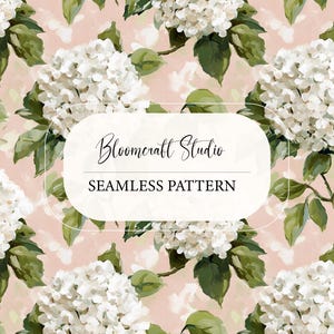 May include: Seamless pattern featuring white hydrangea blooms and green leaves on a soft pink background. The design includes the text "Bloomcraft Studio" and "Seamless Pattern" in a decorative font, suitable for fabric or wallpaper.