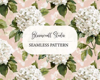 Seamless White Hydrangea Pattern | Neutral Floral Digital Paper | Botanical Repeating Design for Fabric, POD & Wallpaper