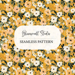 May include: A seamless floral pattern featuring peach, white, and yellow flowers with green leaves on a mustard yellow background. The text "Bloomcraft Studio" and "Seamless Pattern" are displayed in a white rounded rectangle.