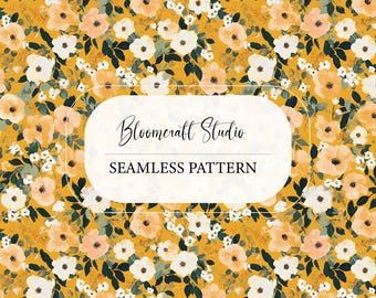 Seamless Floral Pattern Mustard Yellow | Vintage Botanical Digital Paper | Repeating Flower Background for Fabric & POD