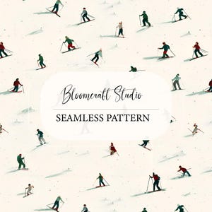Puede incluir: Patrón sin costuras con esquiadores en una ladera nevada. Los esquiadores visten trajes rojos, verdes y azules. El diseño incluye el texto "Bloomcraft Studio" y "Seamless Pattern" en un óvalo blanco.
