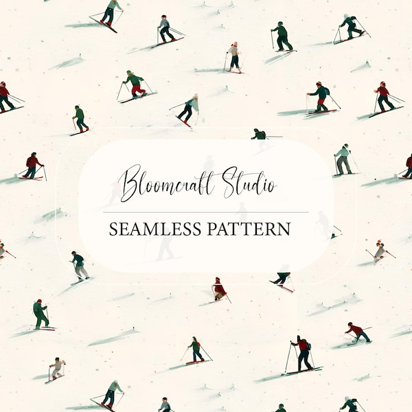 Skiing Seamless Pattern, Winter Sports Illustration, Retro Skiers Repeat, Snow Ski Print, Scandinavian Style Digital Paper Surface Pattern