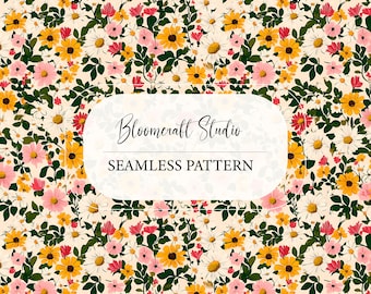 Seamless Floral Wildflower Pattern, Pink Yellow Daisy Meadow, Botanical Cottagecore Summer Flowers, Fabric, Wallpaper, Digital Paper