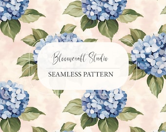 Seamless Blue Hydrangea Pattern | Painted Floral Digital Paper | Botanical Repeating Design for Fabric, POD & Wallpaper