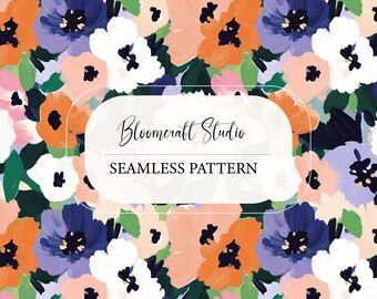 Colorful Hand Painted Floral Seamless Pattern, Modern Abstract Flowers, Bold Botanical Digital Paper for Fabric, Wallpaper, Scrapbooking