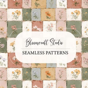 Vintage Floral Tile Seamless Pattern Cottagecore Botanical Squares Pastel Rustic Texture Shabby Chic Flowers Background Design
