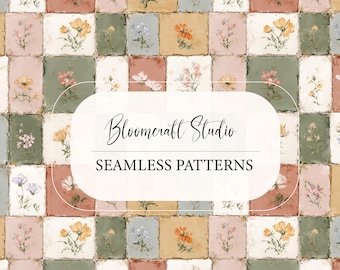 Vintage Floral Tile Seamless Pattern Cottagecore Botanical Squares Pastel Rustic Texture Shabby Chic Flowers Background Design