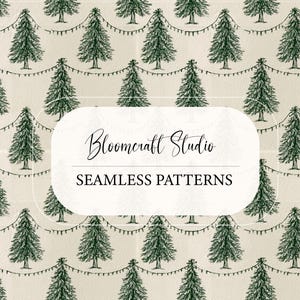 May include: A seamless pattern featuring dark green hand-drawn pine trees connected by string lights on a light beige background. A white rectangular label in the center displays the text Bloomcraft Studio SEAMLESS PATTERNS in black font.