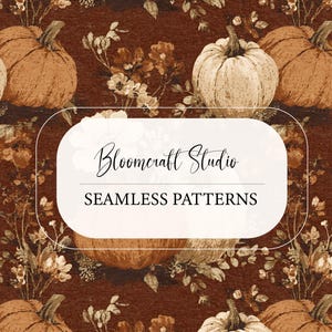 May include: A seamless pattern featuring orange and cream pumpkins interspersed with small white flowers and foliage on a dark brown background. A central white rectangular label displays the text Bloomcraft Studio SEAMLESS PATTERNS.