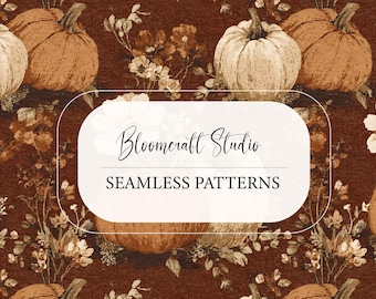 Vintage Pumpkin Seamless Pattern Bundle, Fall Floral Digital Paper, Autumn Harvest Wallpaper, Thanksgiving Fabric Design