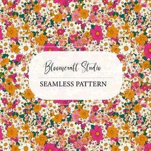 Peut inclure: Un motif floral sans couture avec un arrangement dense de marguerites et d'autres fleurs en blanc, rose, orange et vert. Le design comprend le texte "Bloomcraft Studio" et "Seamless Pattern" dans un rectangle blanc arrondi.