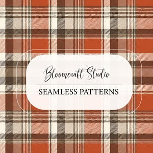 May include: A seamless plaid pattern featuring intersecting lines in shades of burnt orange, dark brown, and cream. A central white rectangular label with rounded corners displays the black text Bloomcraft Studio SEAMLESS PATTERNS.