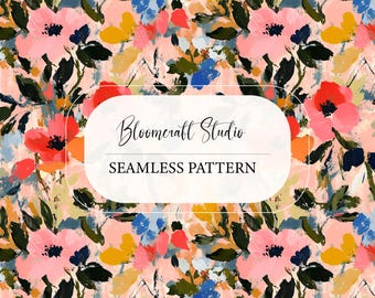 Seamless Hand Painted Floral Pattern, Colorful Abstract Flowers Digital Paper for Fabric, Wallpaper, Scrapbooking, Surface Pattern Design