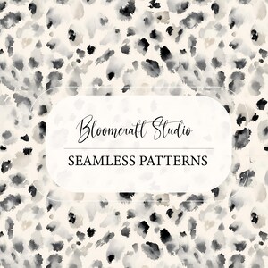 May include: A seamless pattern design featuring a neutral color palette with black, gray, and beige tones. The pattern has an abstract animal print design. The text "Bloomcraft Studio" and "SEAMLESS PATTERNS" are displayed on a white rounded rectangle.