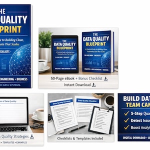 Op de afbeelding: Afbeelding van een boek en digitale bronnen getiteld "The Data Quality Blueprint". De omslag is donkerblauw met witte en gele tekst. De afbeelding toont ook een laptop, tablet en checklists.