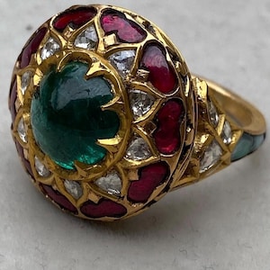 18k gouden statement ring voor dames met smaragd, robijn en diamanten, vierkante cocktailring, pavé ring, statement ring, modieus cadeau voor haar