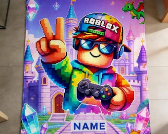 Personalized Roblox Gamer Blanket, Vibrant Pixel Style Soft Fleece Blanket with Custom Name Design