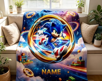 Personalized Sonic Throw Blanket, Custom Name Hedgehog Blanket, Kids Video Game Gift