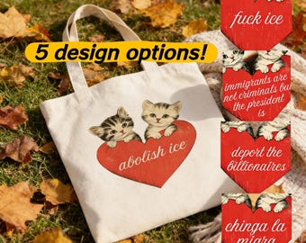 Anti ICE Kitten Heart Canvas Tote Bag, Chinga La Migra Human Rights Tote