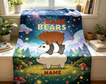 Personalized We Bare Bears Blanket Throw, Custom Name Kids Cartoon Birthday Gift