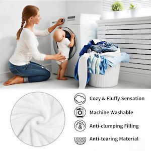 May include: A white fluffy blanket with a close-up view of the soft texture. The image also shows a woman and a baby near a washing machine, with a basket of laundry. Text on the image says "Cozy & Fluffy Sensation", "Machine Washable", "Anti-clumping Filling", and "Anti-tearing Material".