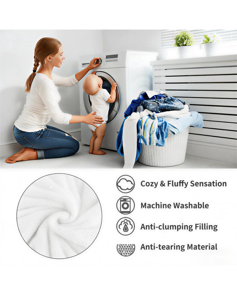 May include: A white fluffy blanket with a close-up view of the soft texture. The image also shows a woman and a baby near a washing machine, with a basket of laundry. Text on the image says "Cozy & Fluffy Sensation", "Machine Washable", "Anti-clumping Filling", and "Anti-tearing Material".
