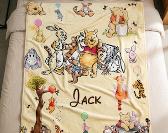 Personalized Vintage Pooh & Friends Throw Blanket, Cozy Blanket, Baby Shower Gift