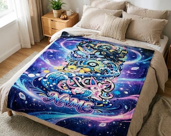 Galaxy Eeveelutions Throw Blanket, Custom Name Blanket, Kids Birthday Gift