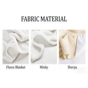 May include: Image showcasing three fabric types: Fleece Blanket, Minky, and Sherpa. The fabrics are white and appear soft and textured. The text "FABRIC MATERIAL" is displayed above the images.
