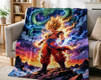 Super Saiyan Goku & Shenron Throw Blanket,Dragon Ball Z Anime Blanket Throw,Anime Fan Birthday Gift
