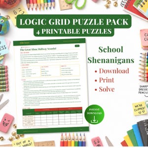 Puede incluir: Un paquete de acertijos de lógica con cuatro rompecabezas imprimibles titulados School Shenanigans. El documento central se titula The Great Slime Hallway Scandal, que contiene una historia, categorías, pistas y una cuadrícula.