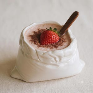 May include: A white ceramic bowl shaped like a crumpled fabric sack filled with a light brown creamy dessert, topped with a single fresh red strawberry and a dusting of cocoa powder, accompanied by a dark brown wooden spoon resting inside.