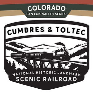 May include: A black and white graphic sticker featuring a steam locomotive crossing a trestle bridge in the mountains. The text reads COLORADO SAN LUIS VALLEY SERIES, CUMBRES & TOLTEC, and NATIONAL HISTORIC LANDMARK SCENIC RAILROAD in a shield shape.