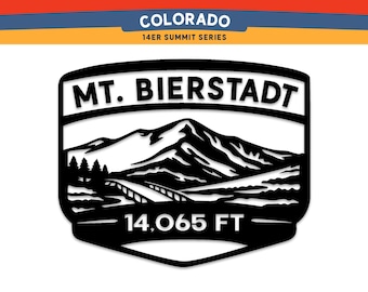 May include: Black metal sign featuring the words "MT. BIERSTADT" above a mountain range and a bridge. The sign also includes the text "14,065 FT" at the bottom. The sign is part of the "COLORADO 14ER SUMMIT SERIES".