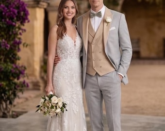 Slim Fit Beige & Grey  5-Piece Suit | Contrast Lapel, Made-to-Measure