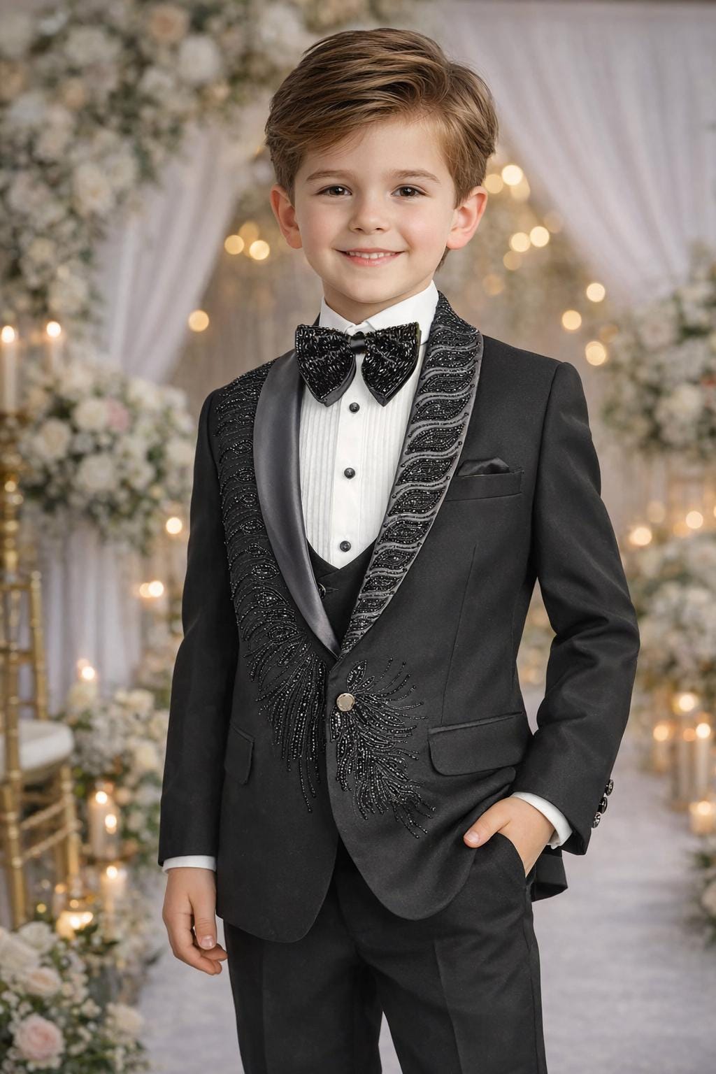 Boys Classic Black Sequin Tuxedo - Hand Beaded Gala Suit Ring Bearer