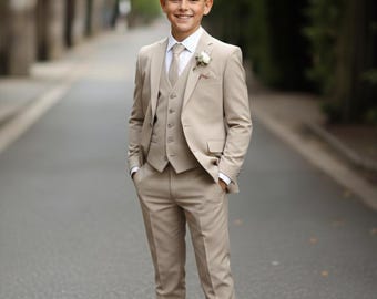 Maßgeschneiderte Sand Beige Anzug - 3-teilige Maßanfertigung Kinder Formelle Kleidung-Kleinkind bis Teenager