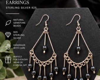 Handmade Natural Stone Chandelier Earrings, S925 Sterling Silver Hooks, Black Gemstone Dangle Earrings