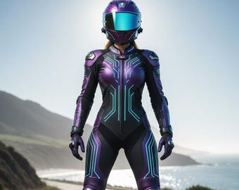 女性用パープルレザーバイクスーツ - CEアーマー、未来的なデザイン