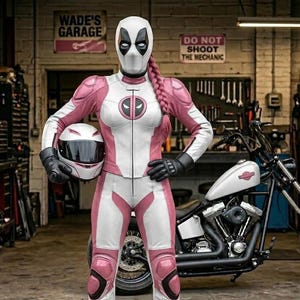 May include: A full-body motorcycle suit in white and pink with a central Deadpool logo on the chest. The suit features black protective padding at the knees and shoulders, paired with black gloves, black boots, and a white full-face helmet.