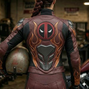 May include: A maroon and black leather motorcycle jacket featuring a prominent Deadpool logo on the back, flame-patterned leather overlays, and a carbon fiber-textured back protector panel. The jacket includes ribbed detailing on the shoulders.