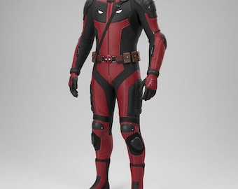 Handmade Deadpool Leather Motorcycle Suit • CE Armored Cosplay Outfit • Red & Black Racing Biker Suit